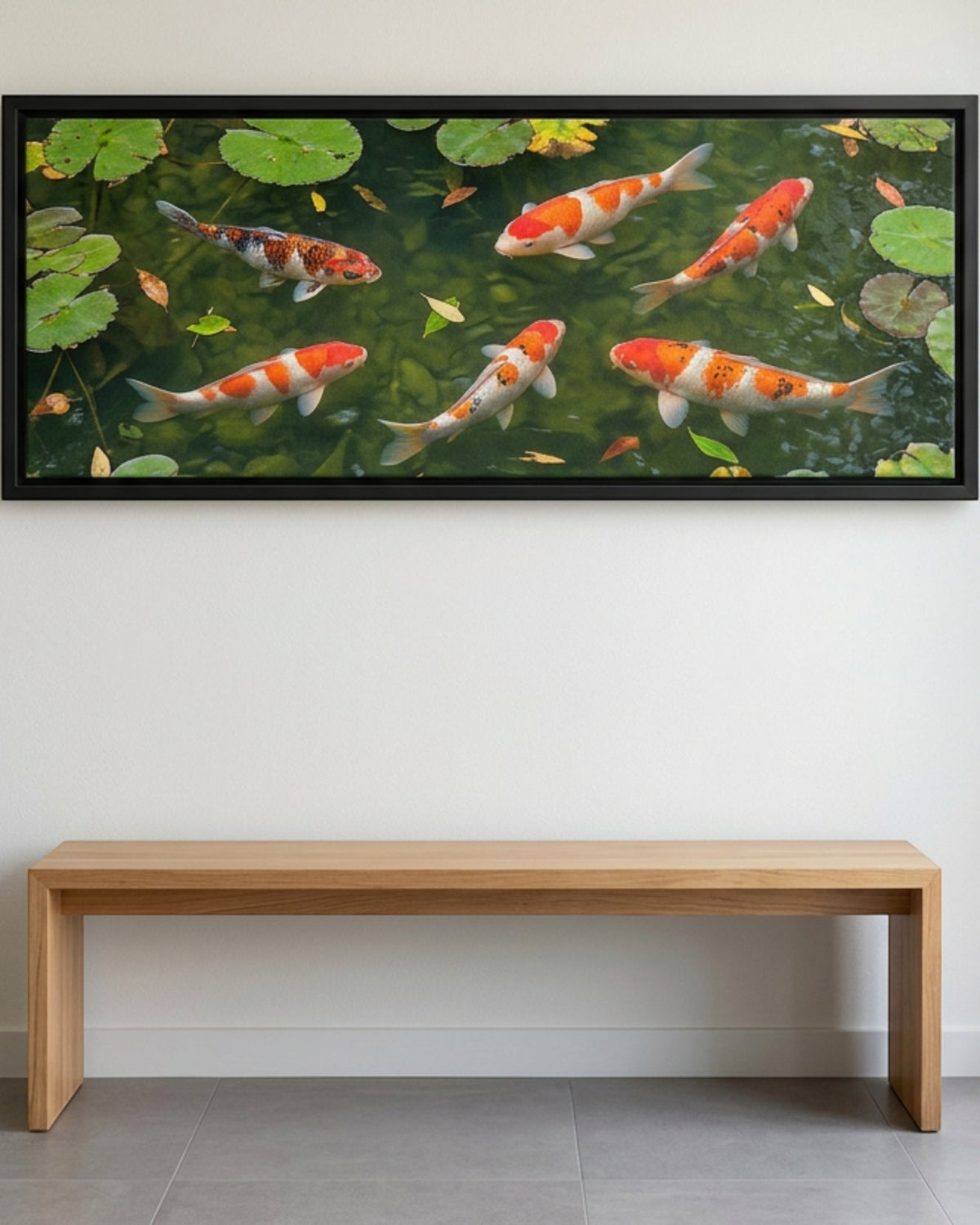 Pvre Koi Pond Panoramic Canvas Wall Art 40 x 16 in Black Float Frame - Lifestyle view