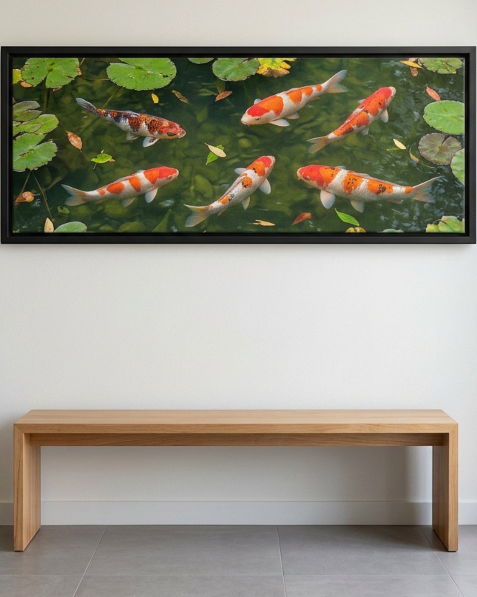 Pvre Koi Pond Panoramic Canvas Wall Art 40 x 16 in Black Float Frame - Lifestyle view