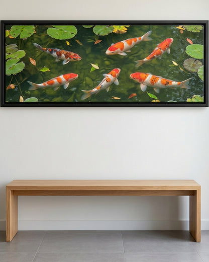 Pvre Koi Pond Panoramic Canvas Wall Art 40 x 16 in Black Float Frame - Lifestyle view