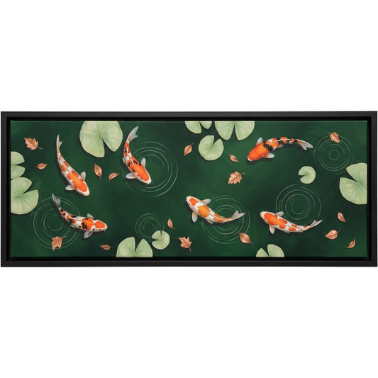 Pvre Koi Pond Panoramic Canvas Wall Art 40 x 16 in Black Float Frame - Product view