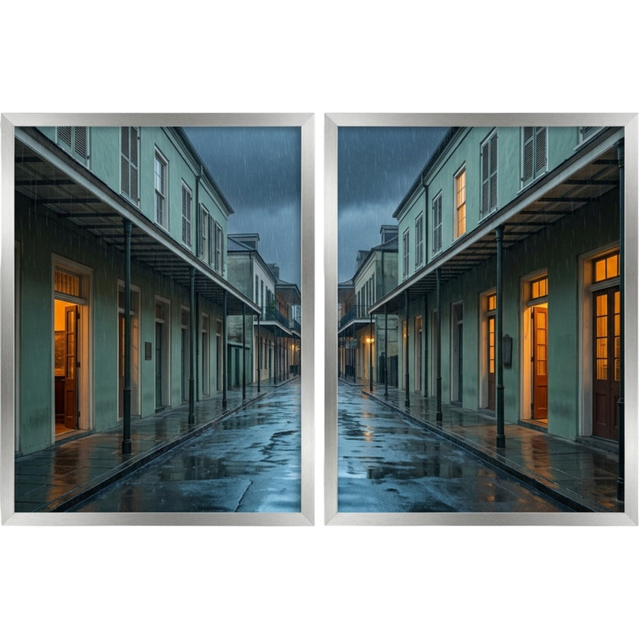 Pvre Rain Evening Streetscape Wall Art 16 x 20 in Silver Frames Set of 2